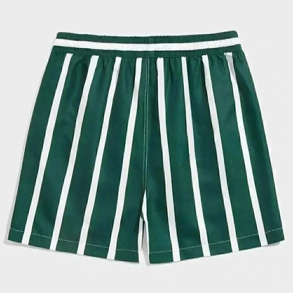 Green Vacation Style Striped Men's Swim Trunks